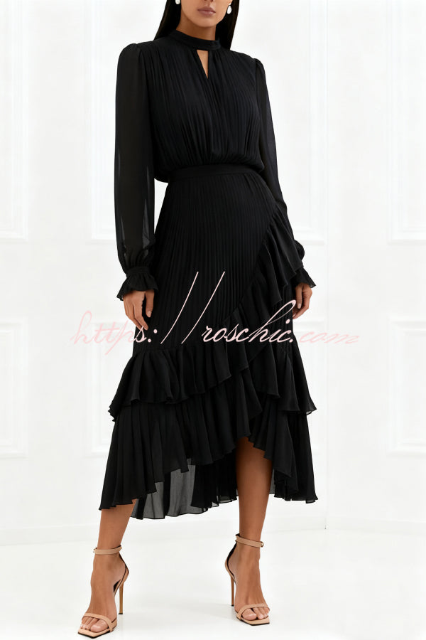 Ruffle Midi Dress Long Sleeve Round Neck Fitted Waist
