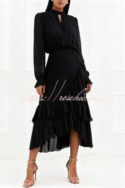 Ruffle Midi Dress Long Sleeve Round Neck Fitted Waist