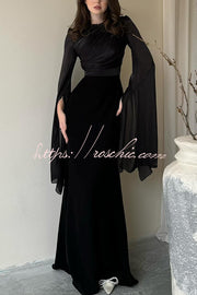 Ruched Organza Satin Patchwork Maxi Dress with Bell Sleeves