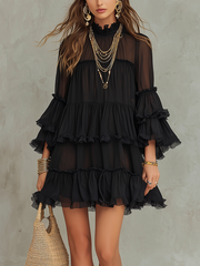 Black Ruffled Bohemian Midi Maxi Dress with Smocked Waist