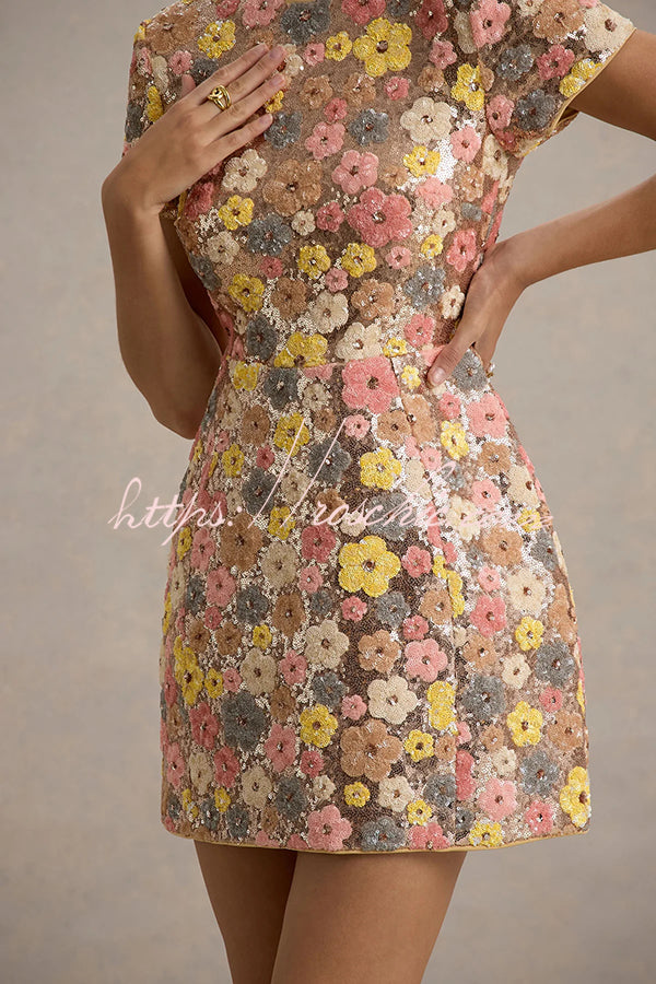 Floral Sequin Mini Dress | 80s-Inspired Short Sleeve Party Dress