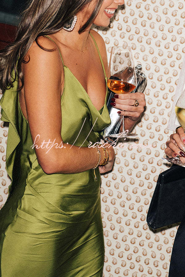Satin Cowl Neck Backless Bias Cut Maxi Dress – Pistachio