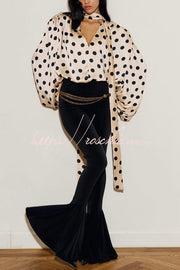 Satin Polka Dot Balloon Sleeve Blouse with Tie-up V-Neck