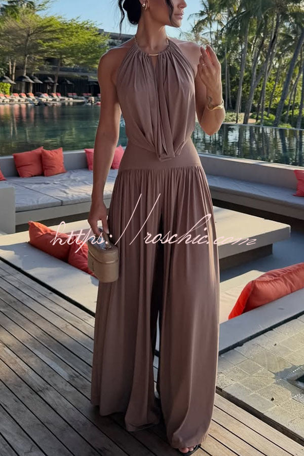 Metal Ring Halter Neck Bodysuit & Wide Leg Pants Set