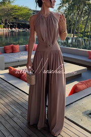 Metal Ring Halter Neck Bodysuit & Wide Leg Pants Set