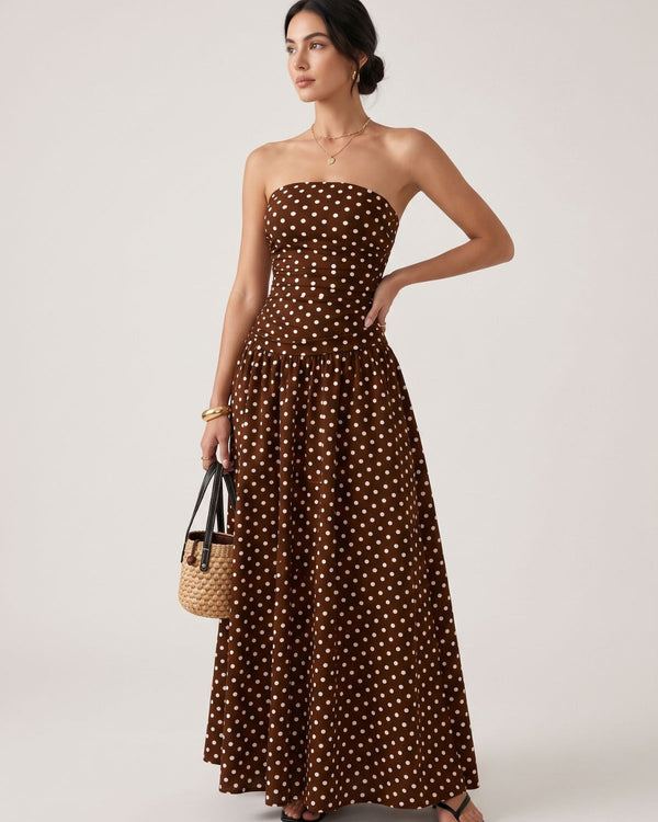 Vintage Polka Dot Strapless Ruffle Maxi Dress
