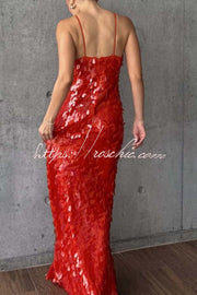 Fish Scale Sequin Cutout U-Neck Slip Maxi Dress