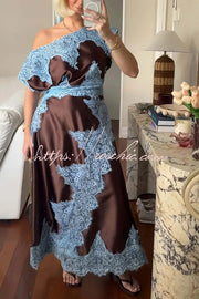 Satin Lace Patchwork Asymmetrical Maxi Dress
