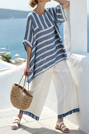Ensemble haut à manches mi-longues et pantalon ample imprimés en mélange de lin