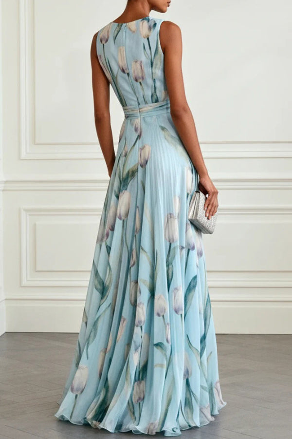 Tulip Print Sleeveless V-Neck Maxi Dress – Waist-Defining