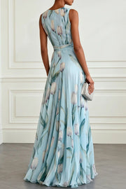Tulip Print Sleeveless V-Neck Maxi Dress – Waist-Defining
