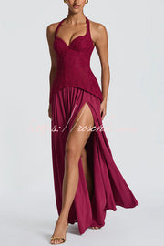 Crepe Lace Bodice Halter Chiffon Pleated Maxi Dress