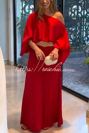 Rose Print Wide Leg Pants Suit with Belted Waist
