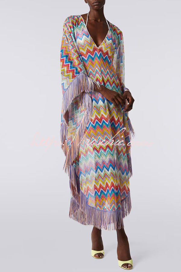 Knit Zigzag Fringe Trim Vacation Maxi Dress | One Size