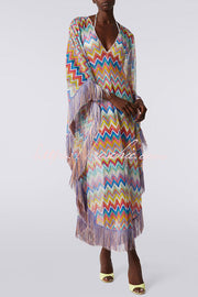 Knit Zigzag Fringe Trim Vacation Maxi Dress | One Size
