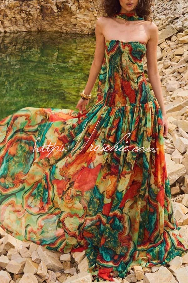 Colorful Lava Print Off Shoulder Smocked Maxi Dress