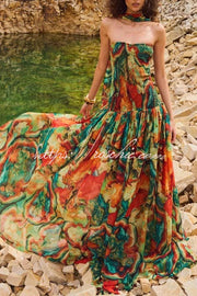 Colorful Lava Print Off Shoulder Smocked Maxi Dress