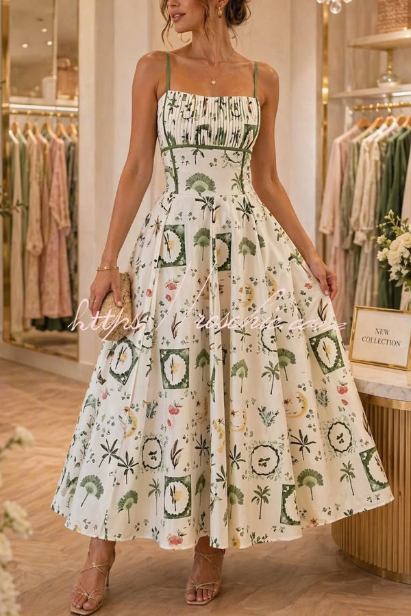 Printed Sleeveless Pleated Waist Maxi Dress for Vacation