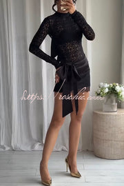Satin Bow Appliqué Mid Rise Lace Hem Mini Skirt