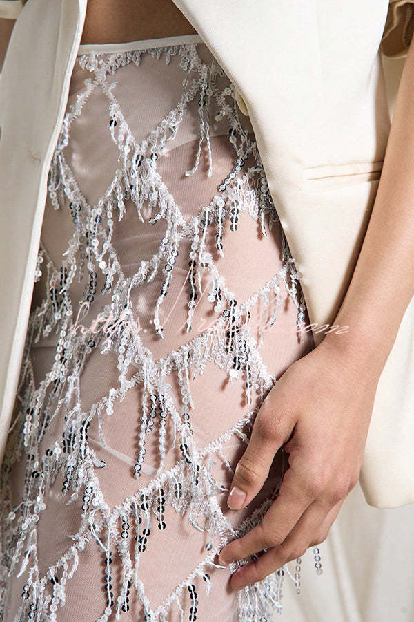 Jupe midi à pampilles en maille à sequins – Style fête et vacances