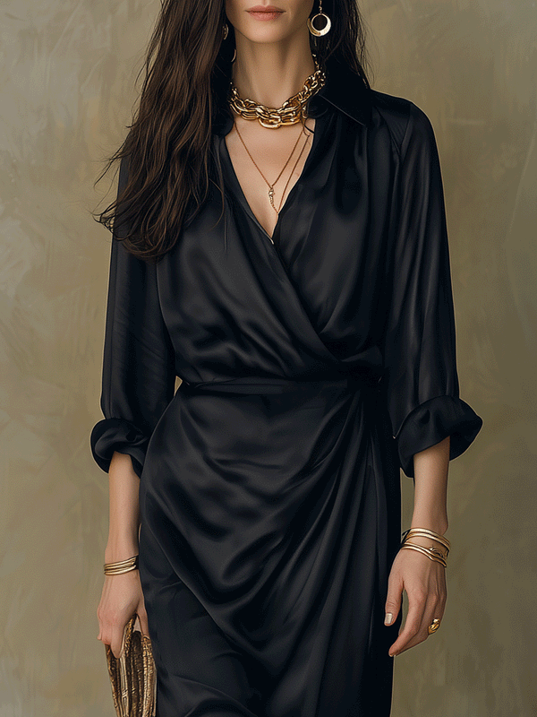 Black Satin V-Neck Midi Dress for Evening & Special Occasions