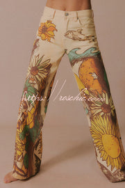 Doodle Print Wide Leg Jeans – Mid Rise, Loose Fit