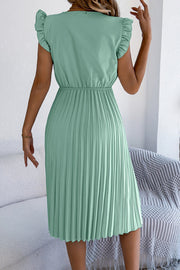 Robe midi plissée sans manches à col en V et bordure en dentelle
