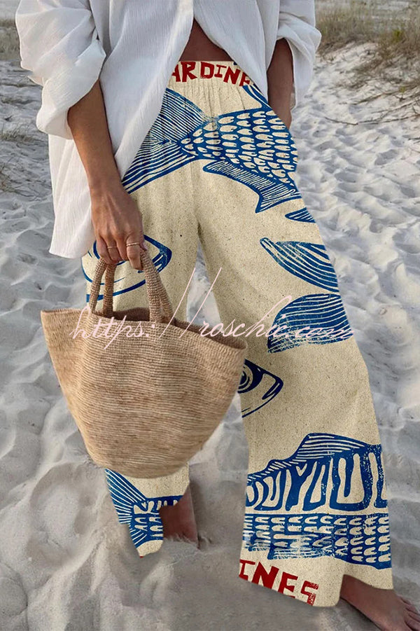 Marine Print Elastic Waist Loose Pants with Pockets