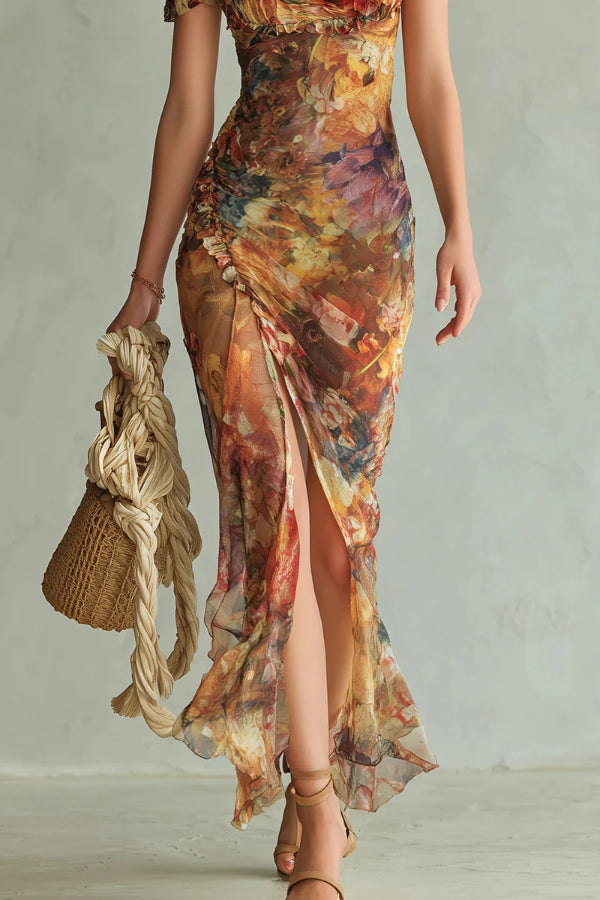 Floral Print Maxi Dress with Square Neck & Ruffle Slit