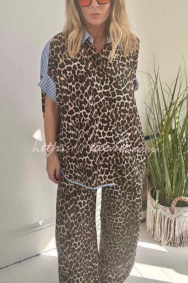 Leopard Print Colorblock Oversized Shirt & Loose Pants Set