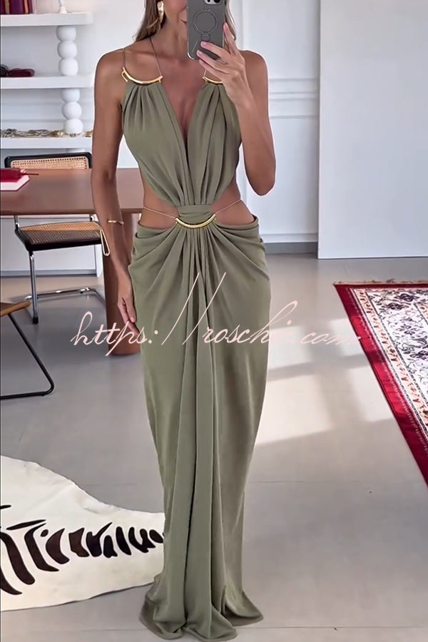 Metal-Link Cutout Back Lace-Up Drape Maxi Dress