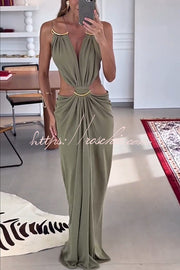 Metal-Link Cutout Back Lace-Up Drape Maxi Dress