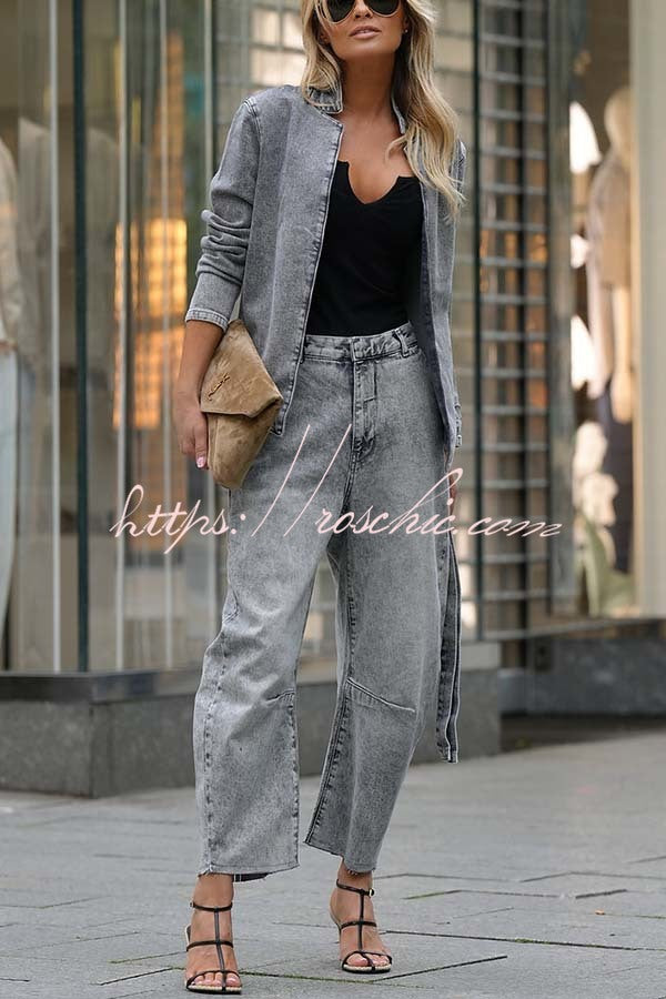 Women's Denim Belted Jacket – Loose Fit Stand Collar