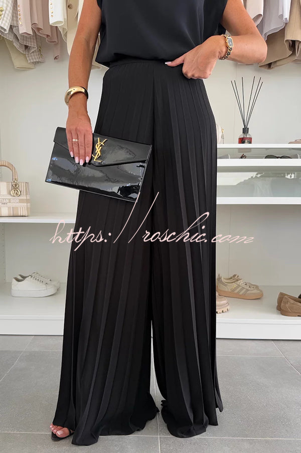 Ensemble pantalon large sans manches pour femme avec haut plissé