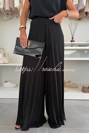 Ensemble pantalon large sans manches pour femme avec haut plissé