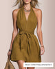 Halter V-Neck Tie Waist Mini Dress – Open Back