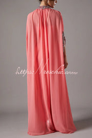 Chiffon Sequin Trim High Neck Batwing Maxi Dress