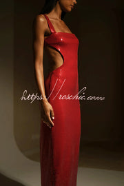 Sequin Backless Maxi Dress – Wide Strap Cutout Waist