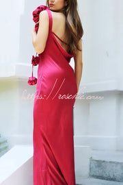 Satin Floral Embellished Backless Maxi Dress – Slim Fit