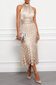 Satin Ruched Halter Neck Midi Dress with Polka Dot Hem