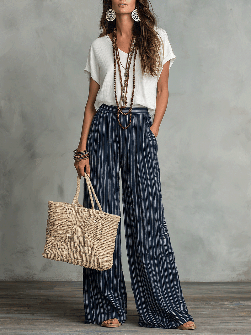 Bohemian Stripe Wide-Leg Pants Set | Relaxed Fit