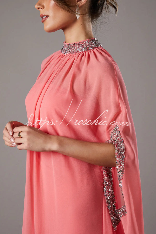 Chiffon Sequin Trim High Neck Batwing Maxi Dress