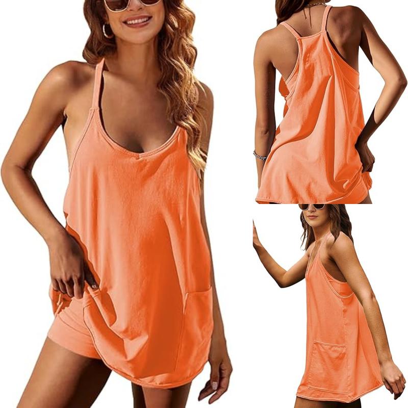 SCUSTY Women's Summer Sleeveless  Mini Dress with Built-in Shorts V Neck Spaghetti Straps Athletic Shorts Tennis Dress with Pockets