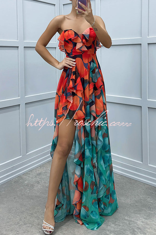 Gradient Print Strapless Maxi Dress with Layered Ruffles