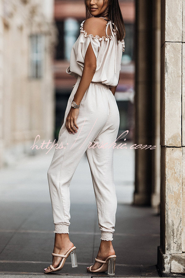 Ruffle Cold Shoulder Jumpsuit – Loose Fit Ankle Length