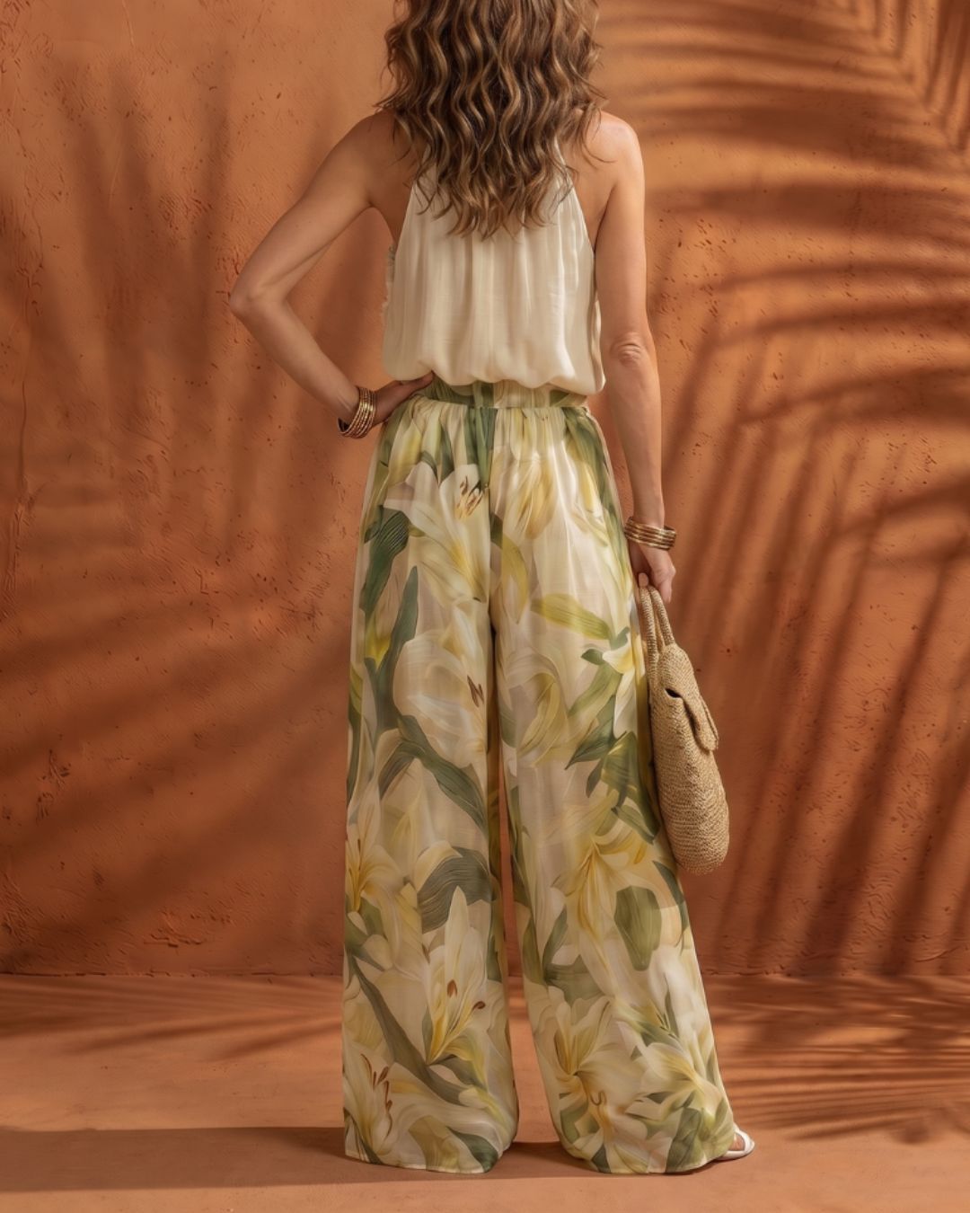 Floral Chiffon Halter Top and Wide Leg Pants Set – Boho Two-Piece