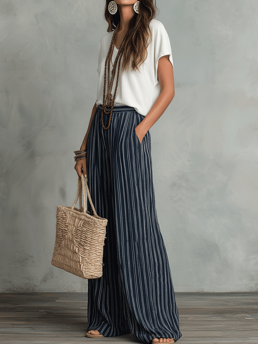 Bohemian Stripe Wide-Leg Pants Set | Relaxed Fit