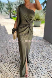 Satin One Shoulder Maxi Dress with Twist Detail & Slit