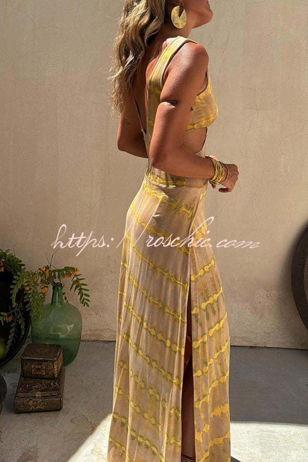 Tie-Dye Print Cutout Maxi Dress with Slit