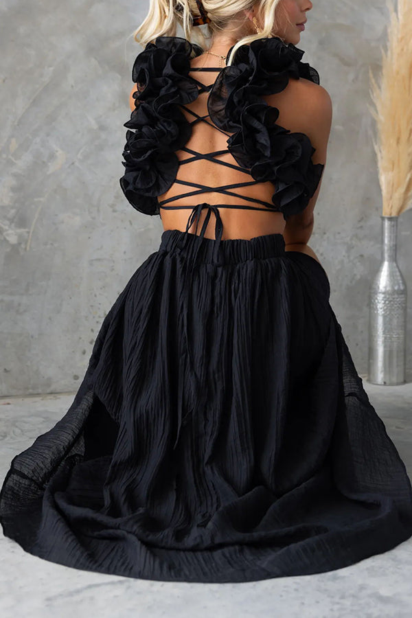 Floral Chiffon Maxi Dress with Ruffle Detail & Lace-Up Back